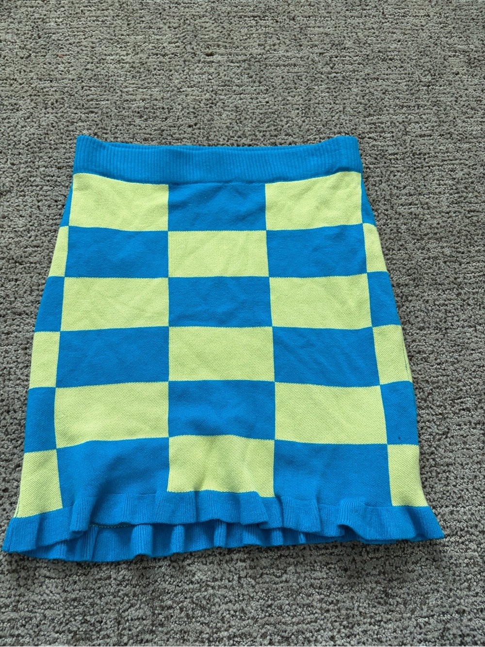 Blue Blush Checkerboard Knit Mini Skirt in Blue and Lime